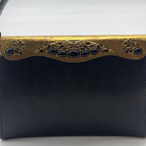 Vintage Black Gold Leather Snakeskin Metal Embellished Evening Bag After Five - Picture 2 of 15